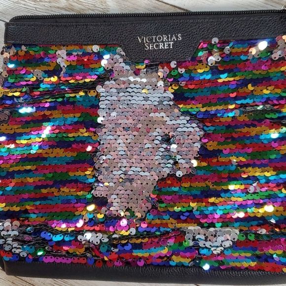 2 Victoria's Secret Bags Cosmetic & Change Purse Rainbow‎ Sequin & Pink Pleather - Picture 6 of 11